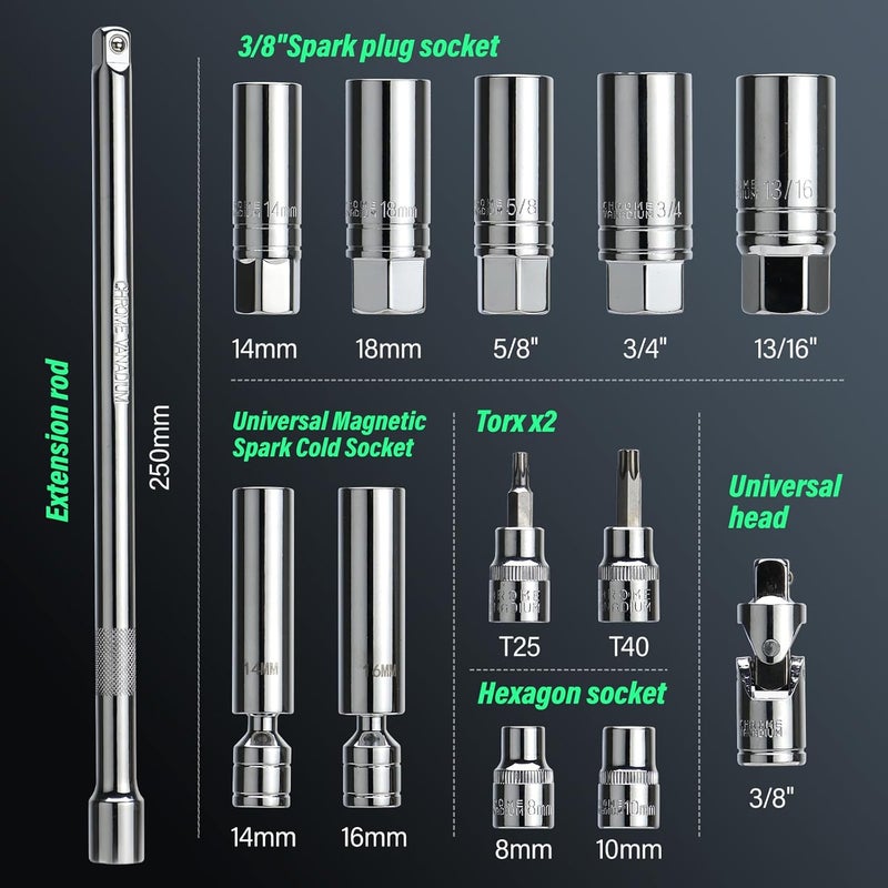 VETOR 14PCS 3/8 Drive Torque Wrench 5-45ft.lb, Magnetic Spark Plug Socket Set with 3/8" Universal Joint & 10" Extension Rod, Cr-V Steel Swivel Sockets for Automotive Tools - Image 2